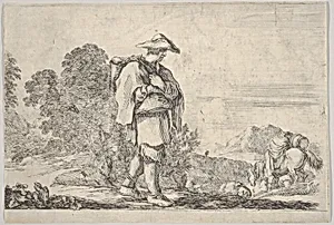 Plate 11: a peasant wearing a hat at center, walking towards the right, a horse descending a mountain to right in the background, trees to left in the background, from 'Twelve Landscapes' (Suite de douze paysages) by Stefano della Bella