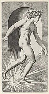 Plate 11: Apollo riding his chariot in a niche, facing right, from "Mythological Gods and Goddesses" by Giovanni Jacopo Caraglio|Rosso Fiorentino