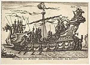 Plate 11: Idmon and Mopsus guided by Apollo (Idmone ea Mopso Argonoti guidati da Apollo), with an aureole around Apollo's head, from the series 'The magnificent pageant on the river Arno in Florence for the marriage of the Grand Duke' (Le Magnifique carousel fait sur le fleuve de l'Arne a Florence, pour le mariage du Grand Duc), for the wedding celebration of Cosimo de' Medici in Florence, 1608 by Giulio Parigi|Anonymous|Remigio Cantagallina|Jean Sauvé