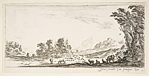 Plate 11: shepherdess seated to the right under a tree, watching her flock to the left, mountains to right in the background, from 'Various landscapes' (Divers paysages) by Stefano della Bella|Israël Henriet|Louis de Bourbon duc d'Anguien