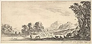 Plate 11: shepherdess seated to the right under a tree, watching her flock to the left, mountains to right in the background, from 'Various landscapes' (Divers paysages) by Stefano della Bella|Israël Henriet
