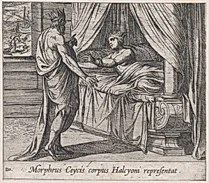 Plate 110: Morpheus, as Ceyx, Appearing to Alcyone (Morpheus Ceycis corpus Halcyoni representat), from Ovid's 'Metamorphoses' by Antonio Tempesta