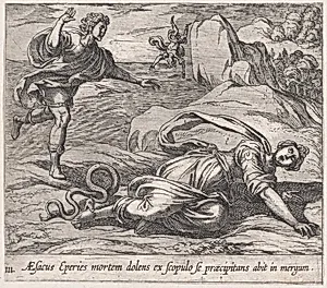Plate 111: Aesacus and Hespeia (Aesacus Eperies mortem dolens ex scopulo se praecipitans abit in mergum), from Ovid's 'Metamorphoses' by Antonio Tempesta