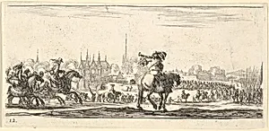 Plate 12: a procession of troops enter a city, horseman in center playing a trumpet towards the left, horsemen at left galloping towards the right, from 'Troops, cannons, and attacks on towns' (Dessins de quelques conduites de troupes, canons, et ataques de villes) by Stefano della Bella