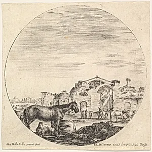 Plate 12: a shepherd sleeping on the ground to right, three horses to left, other horses and various figures to right, the Baths of Diocletian in the background, a round composition, from 'Roman landscapes and ruins' (Paysages et ruines de Rome) by Stefano della Bella|François Langlois