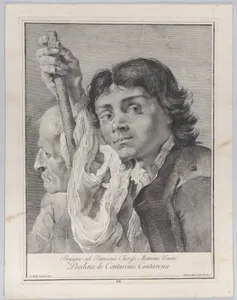 Plate 12: A young man leaning on a staff looking outward, with an old man behind to his right; from 'Icones ad vivum expressae' after Giovanni Battista Piazzetta