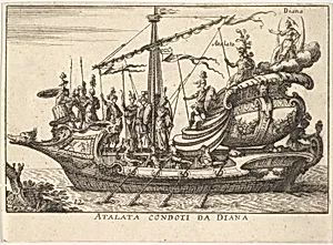 Plate 12: Atalanta led by Diana (Atalata condoti da Diana), accompanied by warriors bearing shields and spears, from the series 'The magnificent pageant on the river Arno in Florence for the marriage of the Grand Duke' (Le Magnifique carousel fait sur le fleuve de l'Arne a Florence, pour le mariage du Grand Duc), for the wedding celebration of Cosimo de' Medici in Florence, 1608 by Giulio Parigi|Anonymous|Remigio Cantagallina|Jean Sauvé