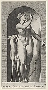 Plate 12: Diana standing in a niche, twisting to her left and pulling an arrow out of a quiver, with a deer to her right, from "Mythological Gods and Goddesses" by Giovanni Jacopo Caraglio|Rosso Fiorentino