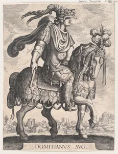 Plate 12: Emperor Domitian on horseback, from 'The First Twelve Roman Caesars' after Tempesta