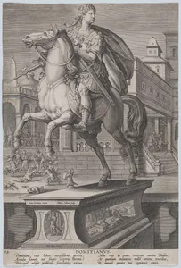 Plate 12: equestrian statue of Domitian, seen three-quarters to the left, with his stabbing death at right in the background, from 'Roman Emperors on Horseback'