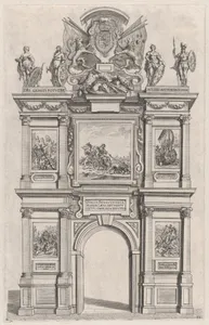 Plate 12: Triumphal arch, elevation of the back facade, surmounted with the arms of Ferdinand and decorated with five mythical or heroic scenes; from Guillielmus Becanus's 'Serenissimi Principis Ferdinandi, Hispaniarum Infantis...'