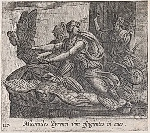 Plate 127: Anius's Daugthers Changing into Birds (Maeonides Pyrenei vim effugientes in aves), from Ovid's 'Metamorphoses' by Antonio Tempesta