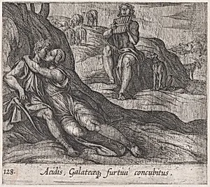 Plate 128: Galatea and Acis Embracing, while Polyphemus Sings for Galatea (Acidis, Galateaeq, furtivi concubitus), from Ovid's 'Metamorphoses' by Antonio Tempesta