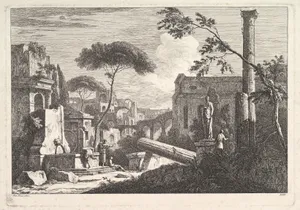 Plate 13: a townscape with a fountain, fallen column and statue at right and a Gothic church beside an aqueduct in the background
