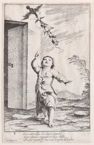Plate 13: Bertoldino with birds carried off by a kite, from "Bertoldo, Bertoldino, and Cacasenno"