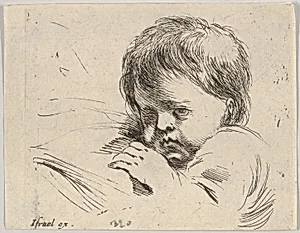 Plate 13: bust of a child with his left hand near to his chin, turned towards the left, from 'Various heads and figures' (Diverses têtes et figures) by Stefano della Bella|Israël Henriet