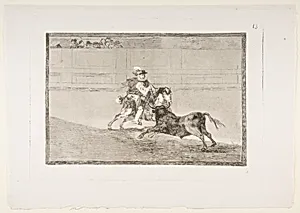 Plate 13 of "La Tauromaquia": A Spanish mounted knight in the ring breaking short spears without the help of assistants by Goya (Francisco de Goya y Lucientes)