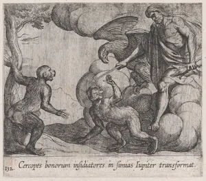 Plate 132: Jupiter Changing the Cercopians into Monkeys (Cercopes bonorum insidiatores in Simias Iupiter transformat), from Ovid's 'Metamorphoses'