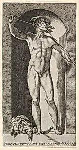 Plate 14: Mercury standing in a niche playing his pipes, with the severed head of an old man and a sword at his feet, from "Mythological Gods and Goddesses" by Giovanni Jacopo Caraglio|Rosso Fiorentino