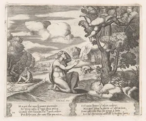 Plate 14: Psyche kneeling in the foreground as Cupid flees from her, from "The Story of Cupid and Psyche as told by Apuleius"