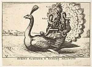 Plate 14: The Argonauts Eurytus, Echion, and Aethalides (Eurito Echione e Etalide Argonote), led by Mercury in the form of a peacock, from the series 'The magnificent pageant on the river Arno in Florence for the marriage of the Grand Duke' (Le Magnifique carousel fait sur le fleuve de l'Arne a Florence, pour le mariage du Grand Duc), for the wedding celebration of Cosimo de' Medici in Florence, 1608 by Anonymous|Giulio Parigi|Remigio Cantagallina|Jean Sauvé