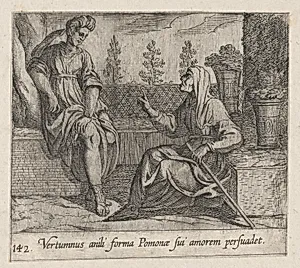 Plate 142: Pomona and Vertumnus (Vertumnus anili forma Pomonae sui amorem persuadet), from Ovid's 'Metamorphoses' by Antonio Tempesta