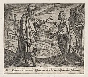 Plate 148: Aesculapius Speaking to the Romans (Epidauro a Romanis AEsculapius ad urbis luem discutiendam sollicitatur), from Ovid's 'Metamorphoses' by Antonio Tempesta