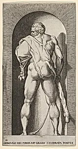 Plate 15: Hercules standing in a niche, wearing a lion skin and holding a club, viewed from behind, with his head turned to the left, from "Mythological Gods and Goddesses" by Giovanni Jacopo Caraglio|Rosso Fiorentino