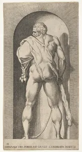 Plate 15: Hercules standing in a niche, wearing a lion skin and holding a club, viewed from behind, with his head turned to the left, from a series of mythological gods and goddesses