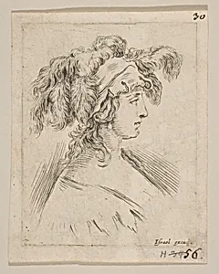 Plate 15: mid-bust of a young woman in profile wearing a hat topped with feathers, from 'The Book for Learning to Draw' (Livre pour apprendre à dessiner) by Stefano della Bella|Israël Henriet