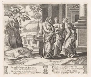 Plate 15: Psyche telling her sisters about her misfortunes, with her sisters falling off of a precipice at upper left, from "The Story of Cupid and Psyche as told by Apuleius"