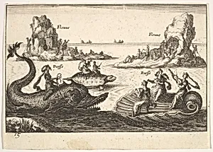 Plate 15: Rivers and goddesses, with floating islands guided by pole bearers, female figures seated on a dolphin and a tortoise, and three female musicians seated on a floating scallop shell , from the series 'The magnificent pageant on the river Arno in Florence for the marriage of the Grand Duke' (Le Magnifique carousel fait sur le fleuve de l'Arne a Florence, pour le mariage du Grand Duc), for the wedding celebration of Cosimo de' Medici in Florence, 1608 by Giulio Parigi|Anonymous|Remigio Cantagallina|Jean Sauvé