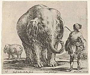 Plate 16: an elephant in center, his mahout standing to the right wearing an Oriental costume, another elephant to left in background, from 'Diversi capricci' by Stefano della Bella|Pierre Mariette