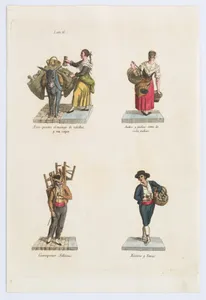 Plate 16: four street vendors from Madrid selling onions, beans, chairs, and crockery, from 'Los Gritos de Madrid' (The Cries of Madrid)