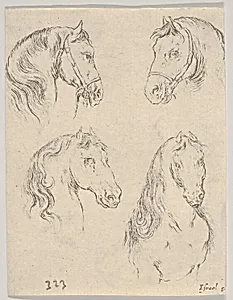 Plate 16: four studies of horse heads, from 'Various heads and figures' (Diverses têtes et figures) by Stefano della Bella|Israël Henriet