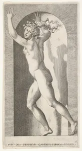 Plate 16: Hebe in a niche with her hands in the air, running to the left while looking to the right, from a series of mythological gods and goddesses