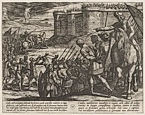 Plate 16: Roman Captives Before the Old Fortress, from The War of the Romans Against the Batavians (Romanorvm et Batavorvm societas) by Antonio Tempesta|Otto van Veen