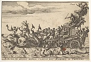 Plate 16: Ship of musicians with the sea god Claucus and tritons (Barcha di musici rapra Clauco dio marino e Tritoni), from the series 'The magnificent pageant on the river Arno in Florence for the marriage of the Grand Duke' (Le Magnifique carousel fait sur le fleuve de l'Arne a Florence, pour le mariage du Grand Duc), for the wedding celebration of Cosimo de' Medici in Florence, 1608 by Anonymous|Giulio Parigi|Remigio Cantagallina|Jean Sauvé