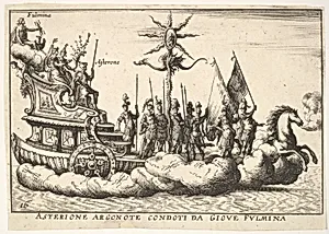 Plate 16: The Argonaut Asterion led by a young figure of lightning (Asterione argonote condoti da Giove fulmina), with two female figures seated between Asterion and the figure of lightning, and a horse enveloped in clouds at the ship's prow, from the series 'The magnificent pageant on the river Arno in Florence for the marriage of the Grand Duke' (Le Magnifique carousel fait sur le fleuve de l'Arne a Florence, pour le mariage du Grand Duc), for the wedding celebration of Cosimo de' Medici in Florence, 1608 by Giulio Parigi|Anonymous|Remigio Cantagallina|Jean Sauvé