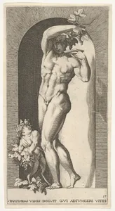 Plate 17: Bacchus standing in a niche, holding grapes over a plate, accompanied by an infant satyr, from a series of mythological gods and goddesses