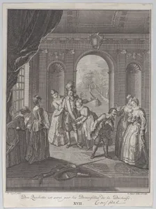 Plate 17: Don Quixote is served by the ladies of the Duchess (Don Quichotte est servi par les Demoiselles de la Duchesse)