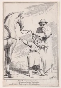 Plate 17: Marcolfa shows Cacasenno a horse, from "Bertoldo, Bertoldino, and Cacasenno"
