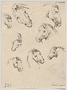 Plate 17: Nine studies of horse heads, from 'Various heads and figures' (Diverses têtes et figures) by Stefano della Bella|Israël Henriet