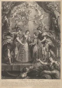 Plate 17: The exchange of the two princesses in Hendaye; allegorical scene with Anne of Austria and Elizabeth of Bourbon standing on a bridge holding hands from Recueil de la Galerie du Luxembourg
