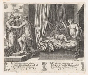 Plate 17: Venus chastising Cupid, who sits on a bed, with Psyche at right, from "The Story of Cupid and Psyche as told by Apuleius"