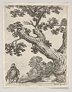 Plate 18: a large tree at right, a man on horseback at left, seen from behind riding towards the left, from 'Various figures and doodles' (Diverses figures et griffonnemens) by Stefano della Bella|Israël Henriet