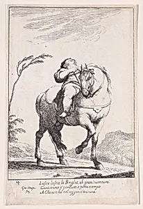 Plate 18: Cacasenno on horseback, from "Bertoldo, Bertoldino, and Cacasenno" by Giuseppe Maria Crespi