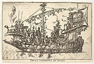 Plate 18: Orpheus led by Bacchus (Orfeo condotto da Bacco), from the series 'The magnificent pageant on the river Arno in Florence for the marriage of the Grand Duke' (Le Magnifique carousel fait sur le fleuve de l'Arne a Florence, pour le mariage du Grand Duc), for the wedding celebration of Cosimo de' Medici in Florence, 1608 by Giulio Parigi|Anonymous|Remigio Cantagallina|Jean Sauvé