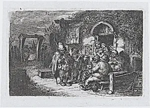 Plate 18: street musicians and other figures outisde a tavern, from the series of customs and pastimes of the Spanish people by Francisco Lameyer y Berenguer