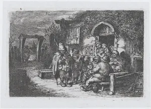 Plate 18: street musicians and other figures outisde a tavern, from the series of customs and pastimes of the Spanish people
